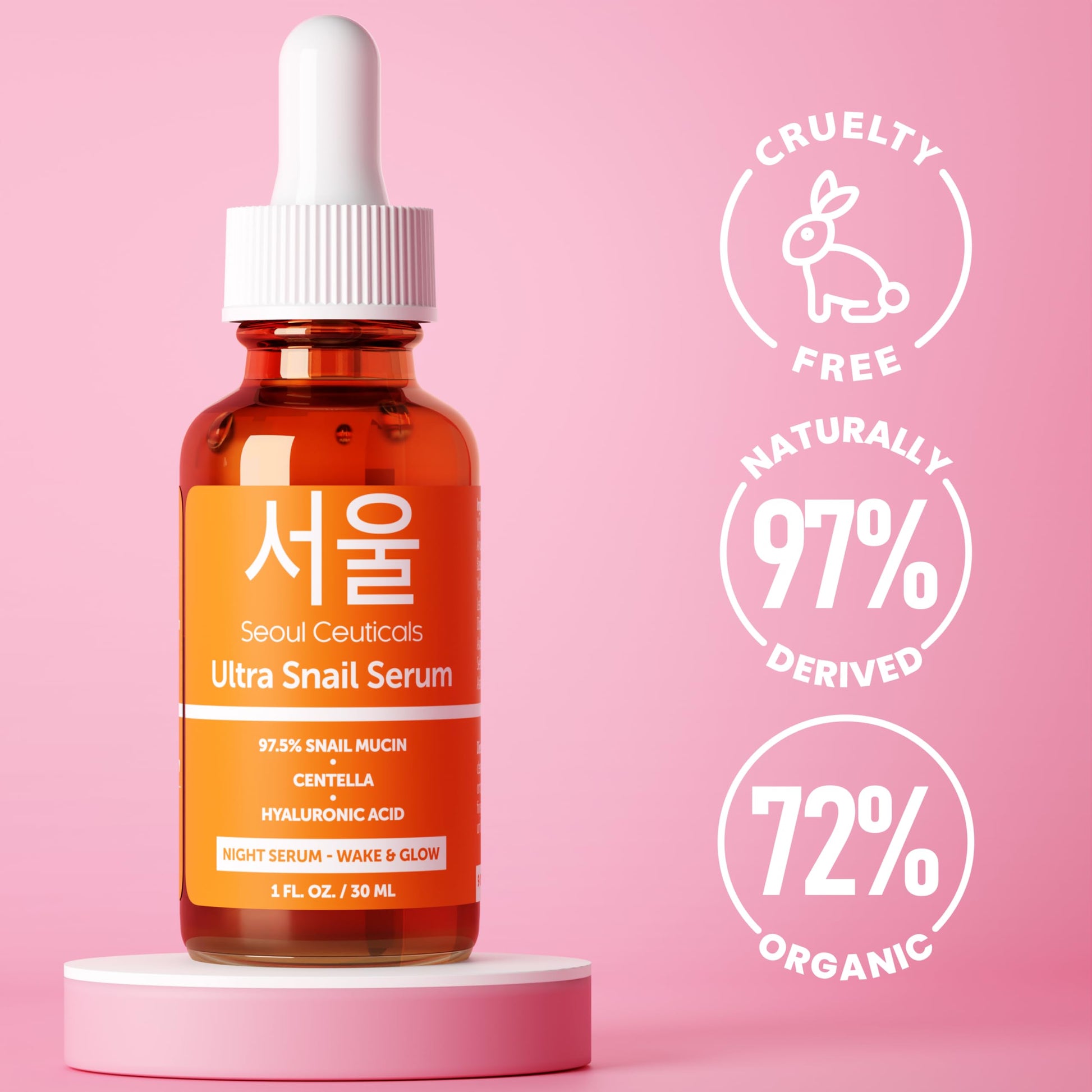 SeoulCeuticals Korean Skin Care Snail Mucin Serum - Korean Beauty Skincare Night Serum for Face - Contains Potent 97.5% K Beauty Snail + Hyaluronic Acid + Centella Asiatica Extremely Effective Anti Wrinkle Serum 1oz