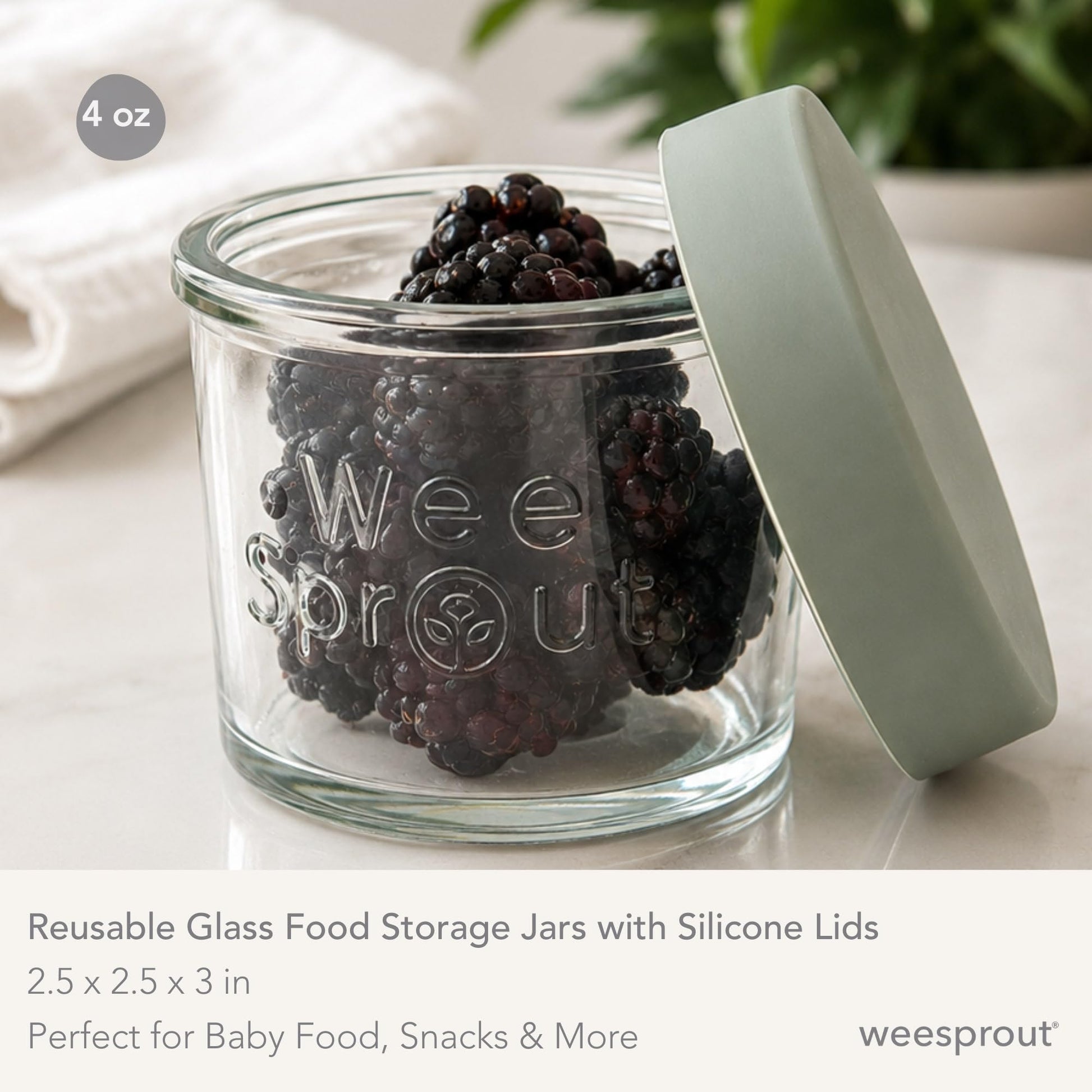 WeeSprout - Frascos de Vidrio para Almacenamiento de Alimentos para Bebés con Tapas (4 onzas, juego de 12 unidades) aperitivos, puré, recipientes pequeños reutilizables, leche materna, nevera o