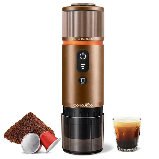 CONQUECO Cafetera Portátil con Cápsula de Espresso - 12V Máquina de Café Electrica con Batería - para Coche Camión y Viajes - Compatible con Cápsulas Originales Nespresso y Cápsula L'or（marrón）