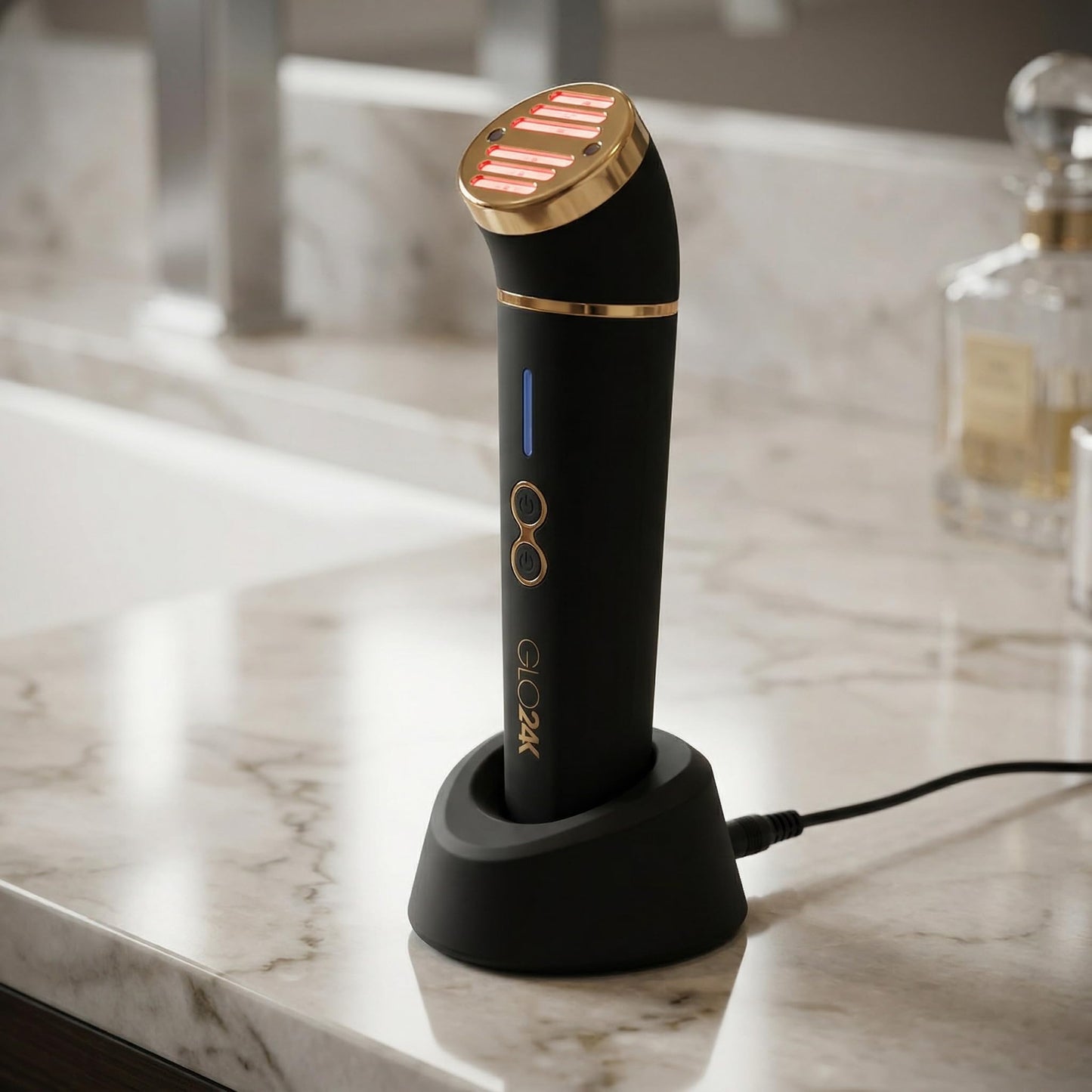 GLO24K - Dispositivo de belleza para rejuvenecimiento de la piel, basado en LED de triple acción, térmica, tecnologías de vibración. Tratamiento antiedad SPA en casa.