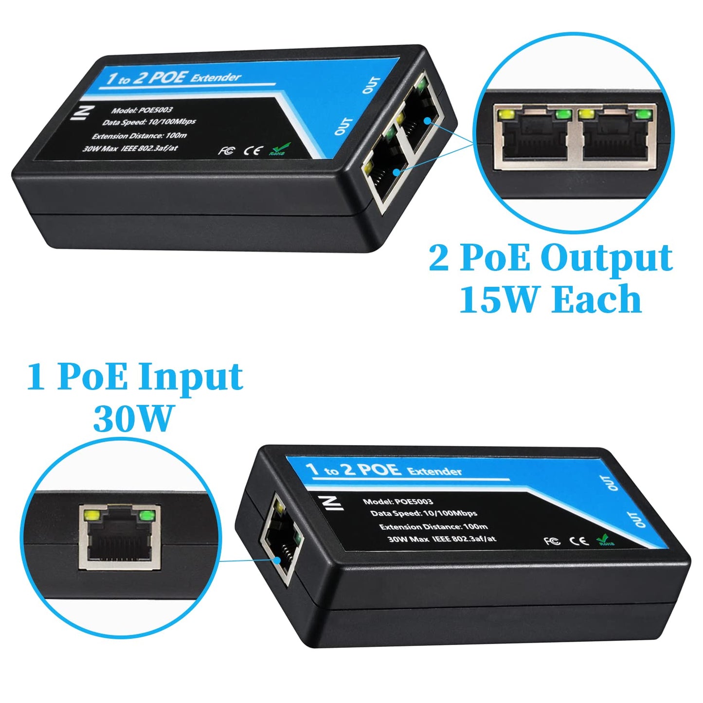 RevoTech - Extensor PoE de 2 Puertos PoE+ repetidor de 100 Metros (336 pies) Extensor 1 en 2 Salida Cumple con IEEE 802.3af/at estándar 10,100 Mbps para cámara PoE de Seguridad sobre Cables Cat5/Cat6