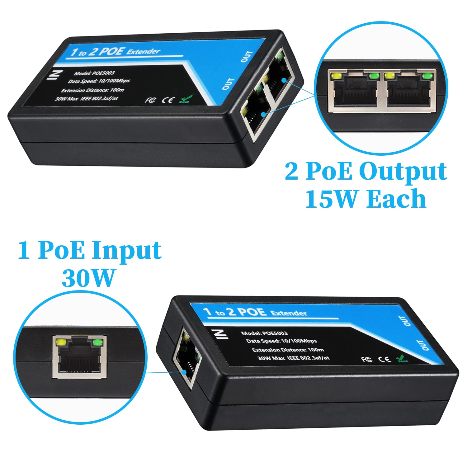 RevoTech - Extensor PoE de 2 Puertos PoE+ repetidor de 100 Metros (336 pies) Extensor 1 en 2 Salida Cumple con IEEE 802.3af/at estándar 10,100 Mbps para cámara PoE de Seguridad sobre Cables Cat5/Cat6