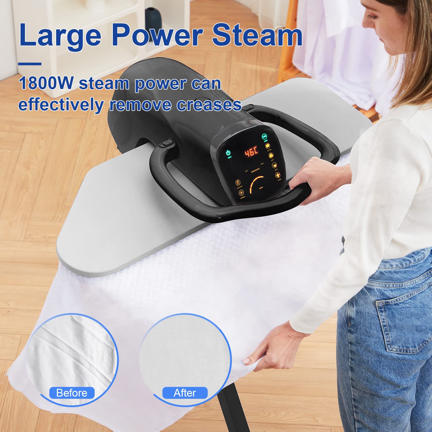 Prensa de Plancha de Vapor de 34 Pulgadas con Pantalla LED Táctil y 5 Ajustes de Tela