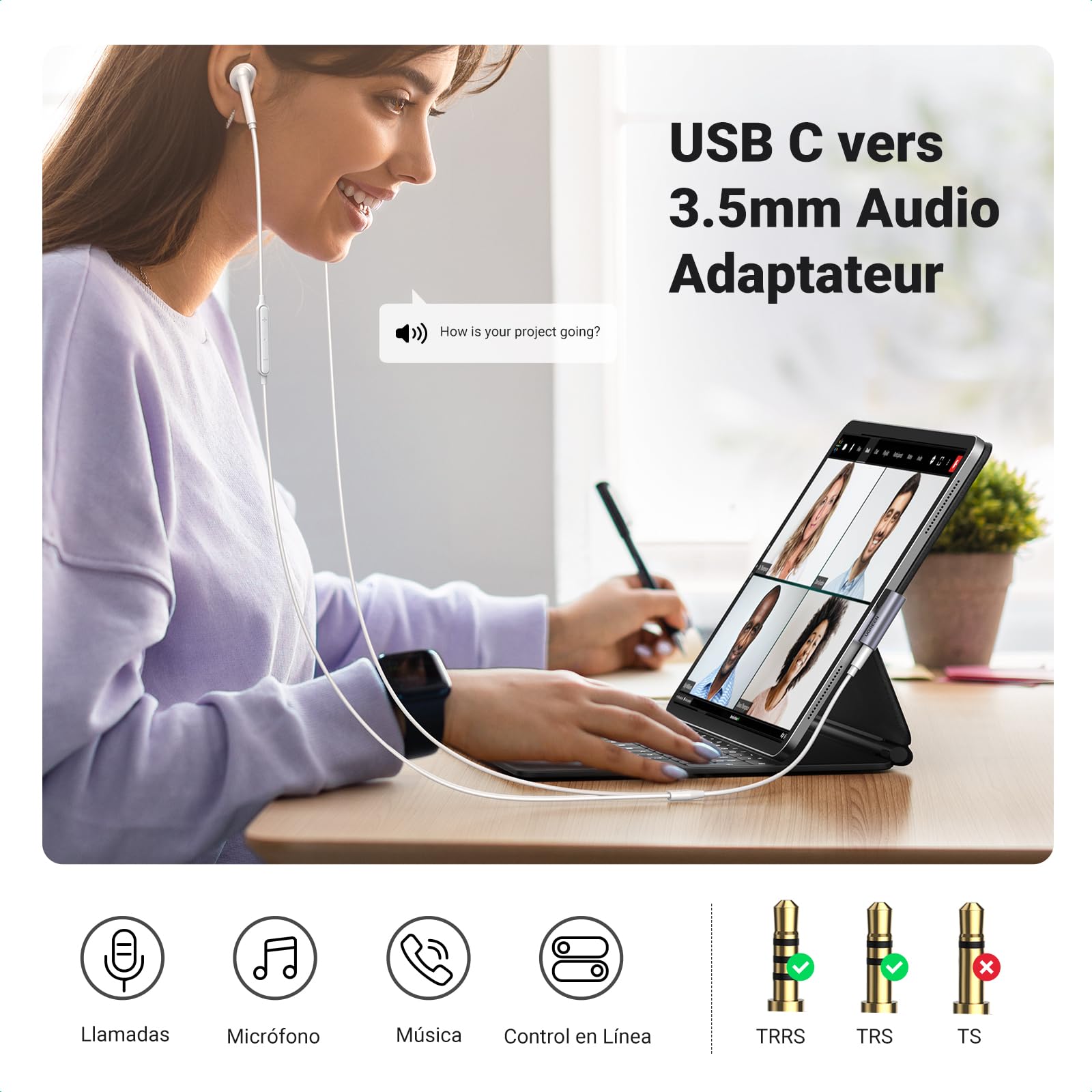 Adaptador USB C UGREEN Gris con Chip DAC y Ángulo de 90 Grados para Auriculares