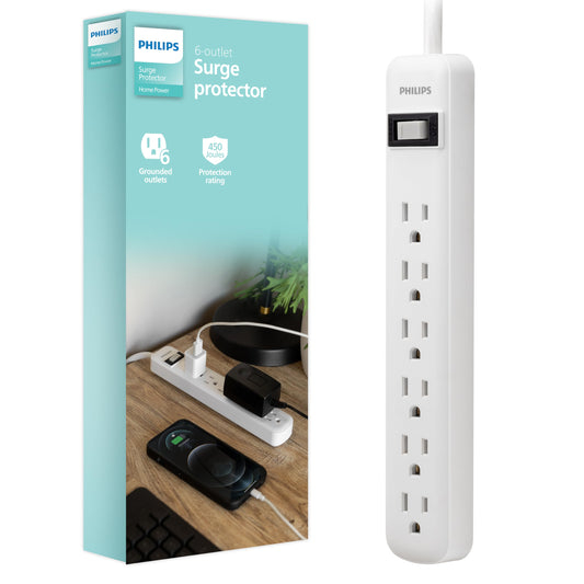 Philips SPP3063WP/37 - Protector de sobretensiones de 6 tomacorrientes, cable de alimentación de 2 pies, enchufe recto, montaje en pared, 450 julios, listado UL, disyuntor, apagado automático, blanco,