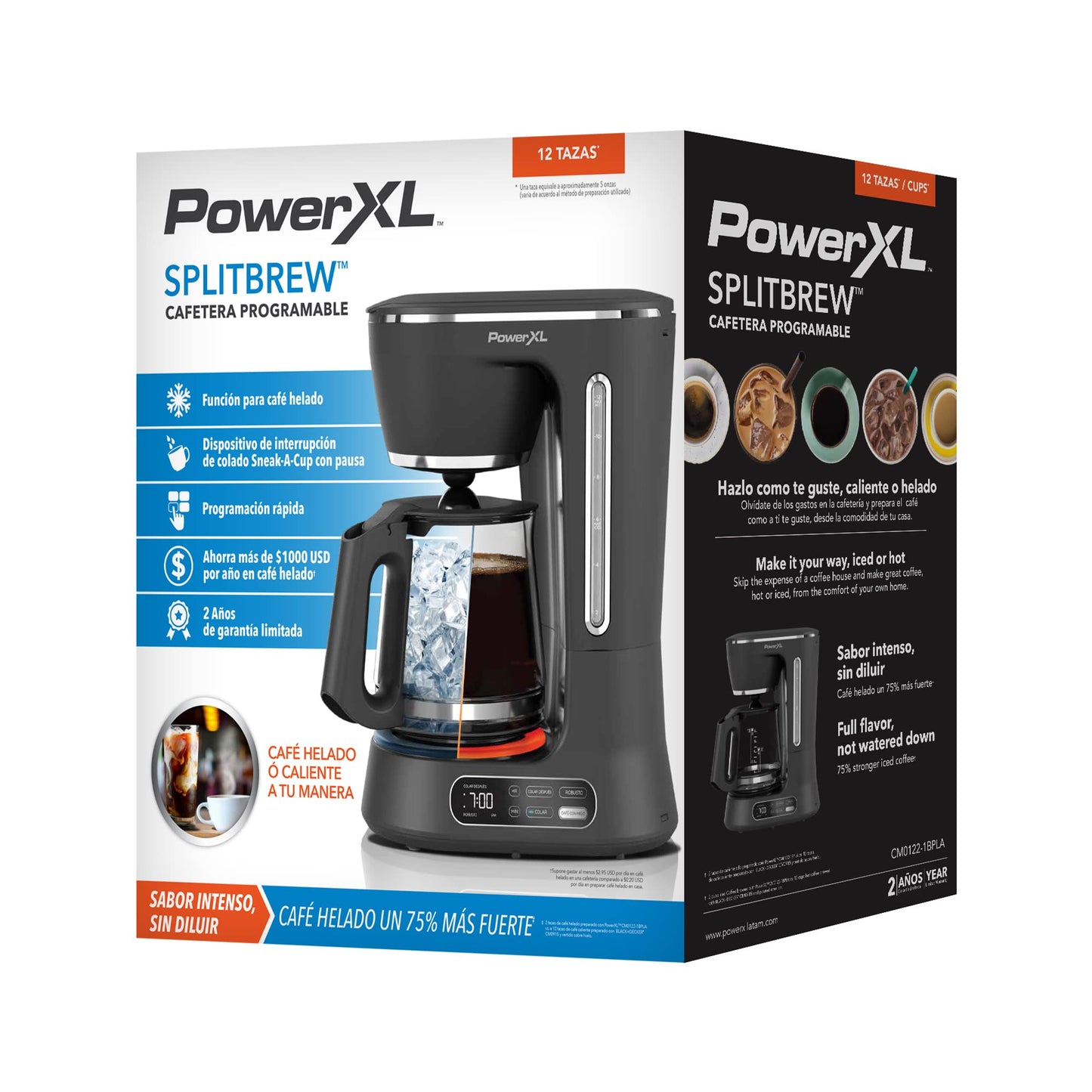 Cafetera Automática PowerXL Negra con Función de Café Helado y Caliente 12 Tazas