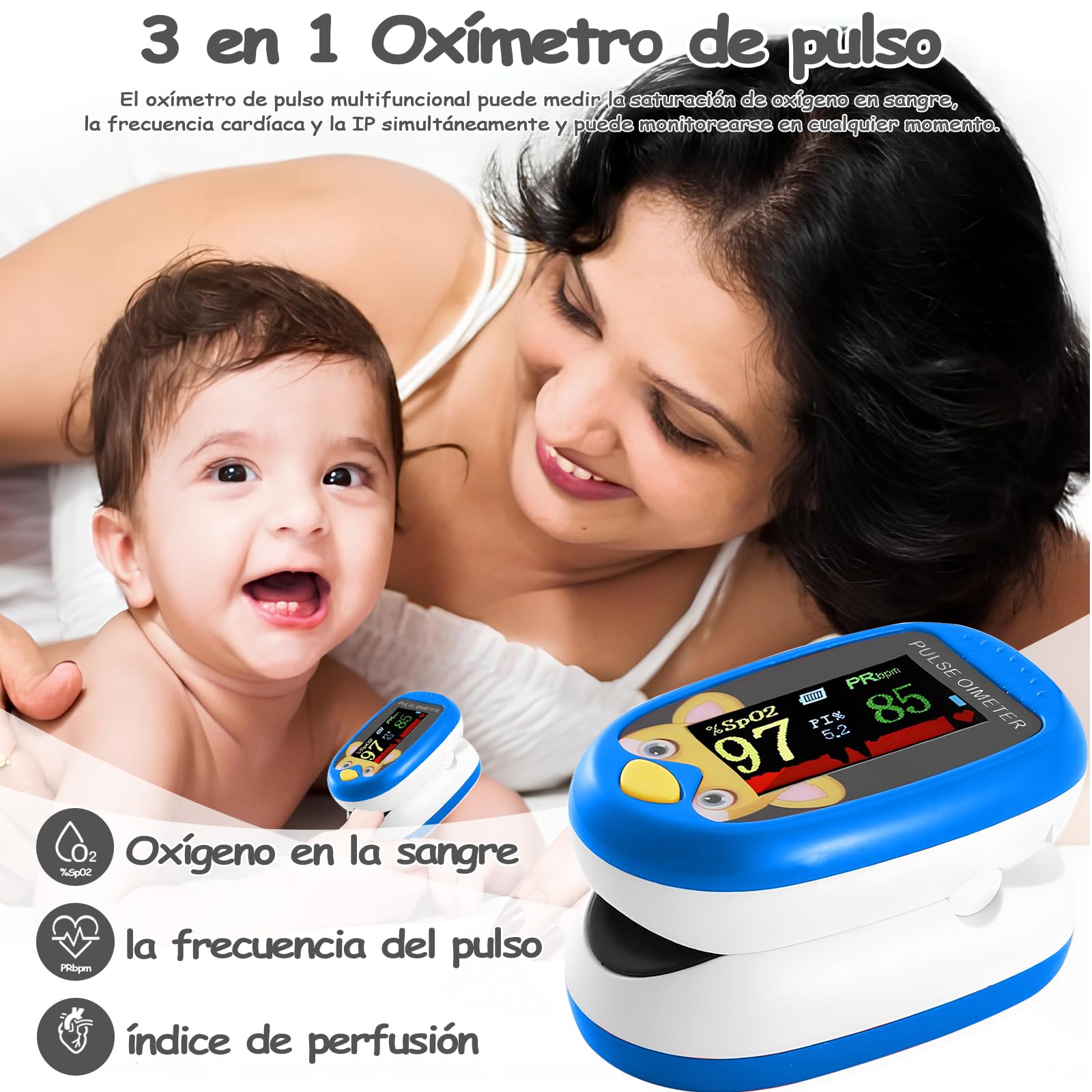 Oxímetro Pediátrico Recargable Digital Azul para Monitoreo Diario