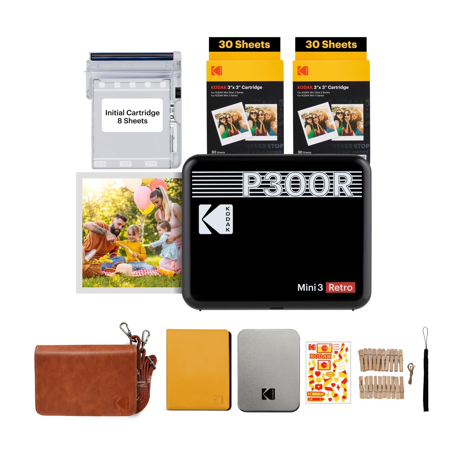 KODAK Mini 3 Retro 4PASS Impresora de Fotos Portátil (7,6x7,6cm) + Pack de Regalo con 68 Hojas, Negro