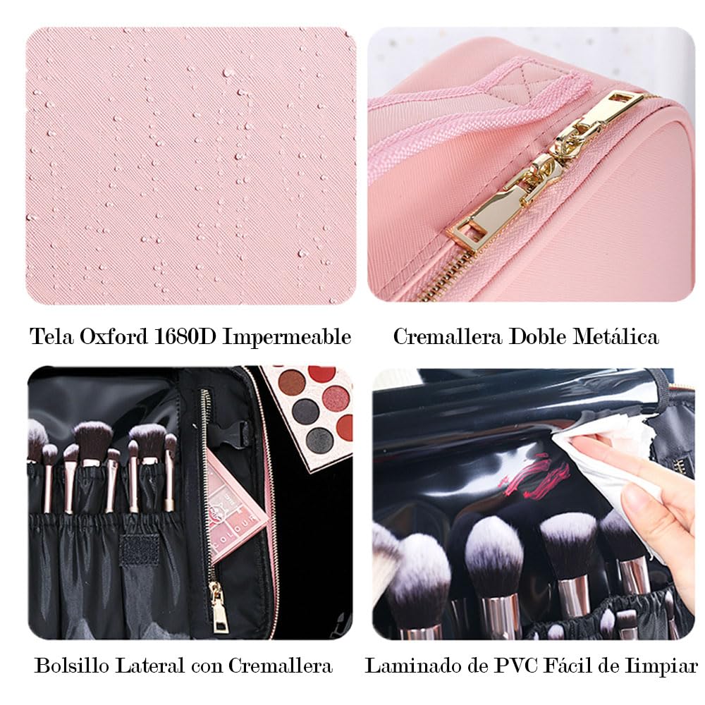 Bolsa de Maquillajede Viaje Estuche Organizador - Bolsa de Cosméticos Impermeable Portátil con Divisor Ajustable para Pinceles y Herramientas de Belleza (2 Layer, 25x23x10cm,Rosa)