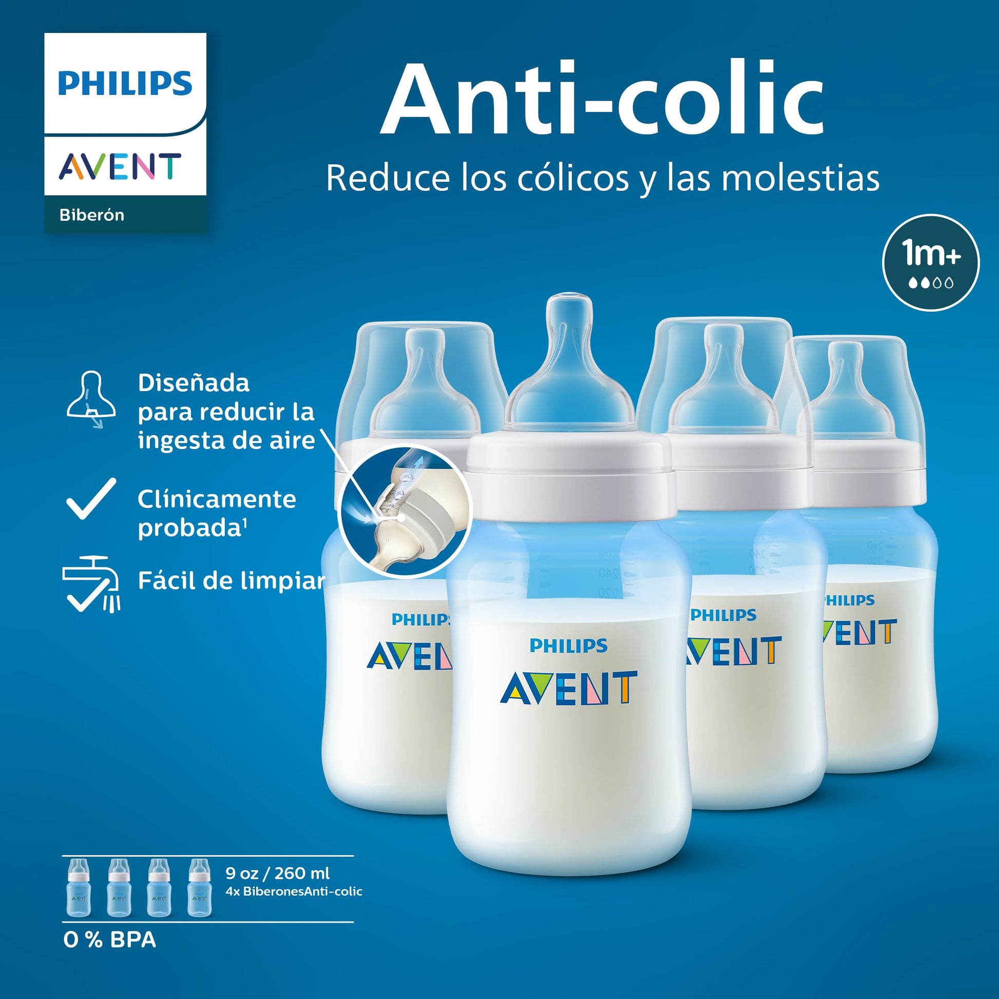 Biberón Anti-colic Philips Avent Azul con Válvula Anticólicos 9 oz 1 m+ 4 Piezas