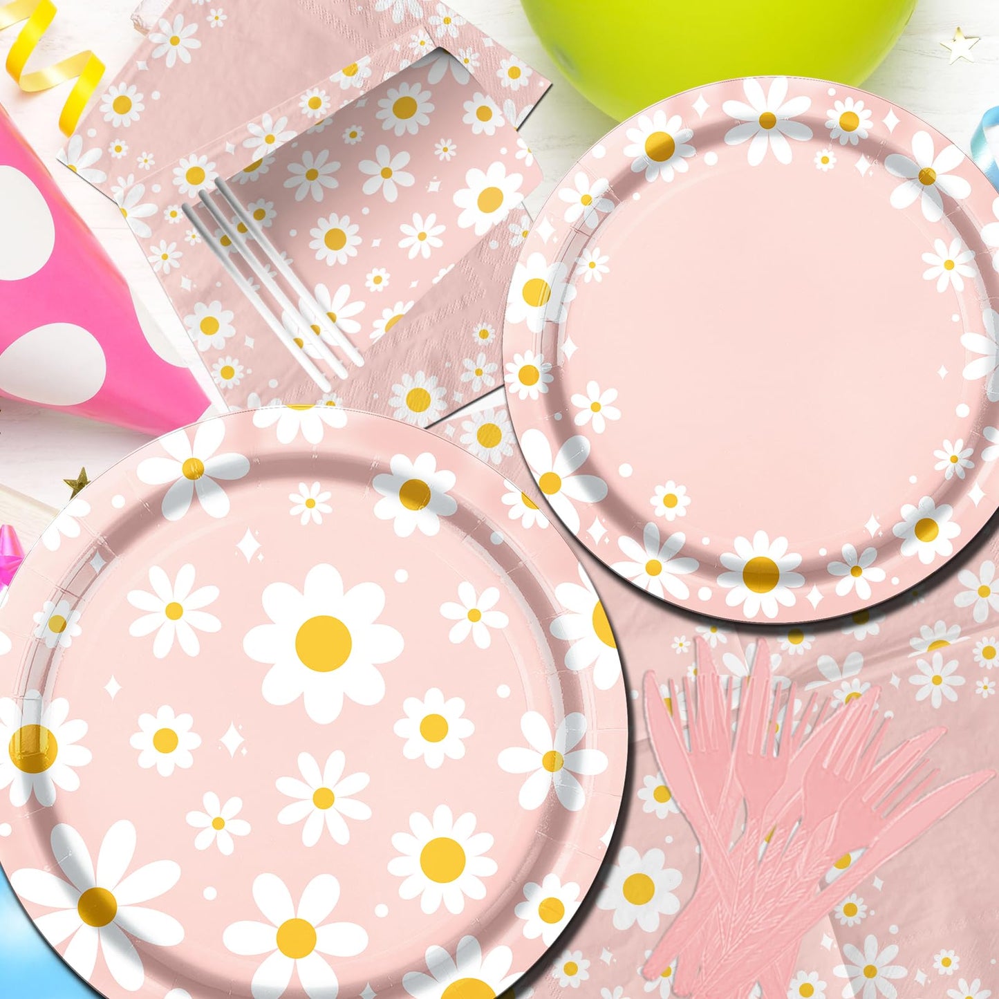 Juego de Vajilla Margaritas Rosadas Retro Hippie para Fiesta de Cumpleaños