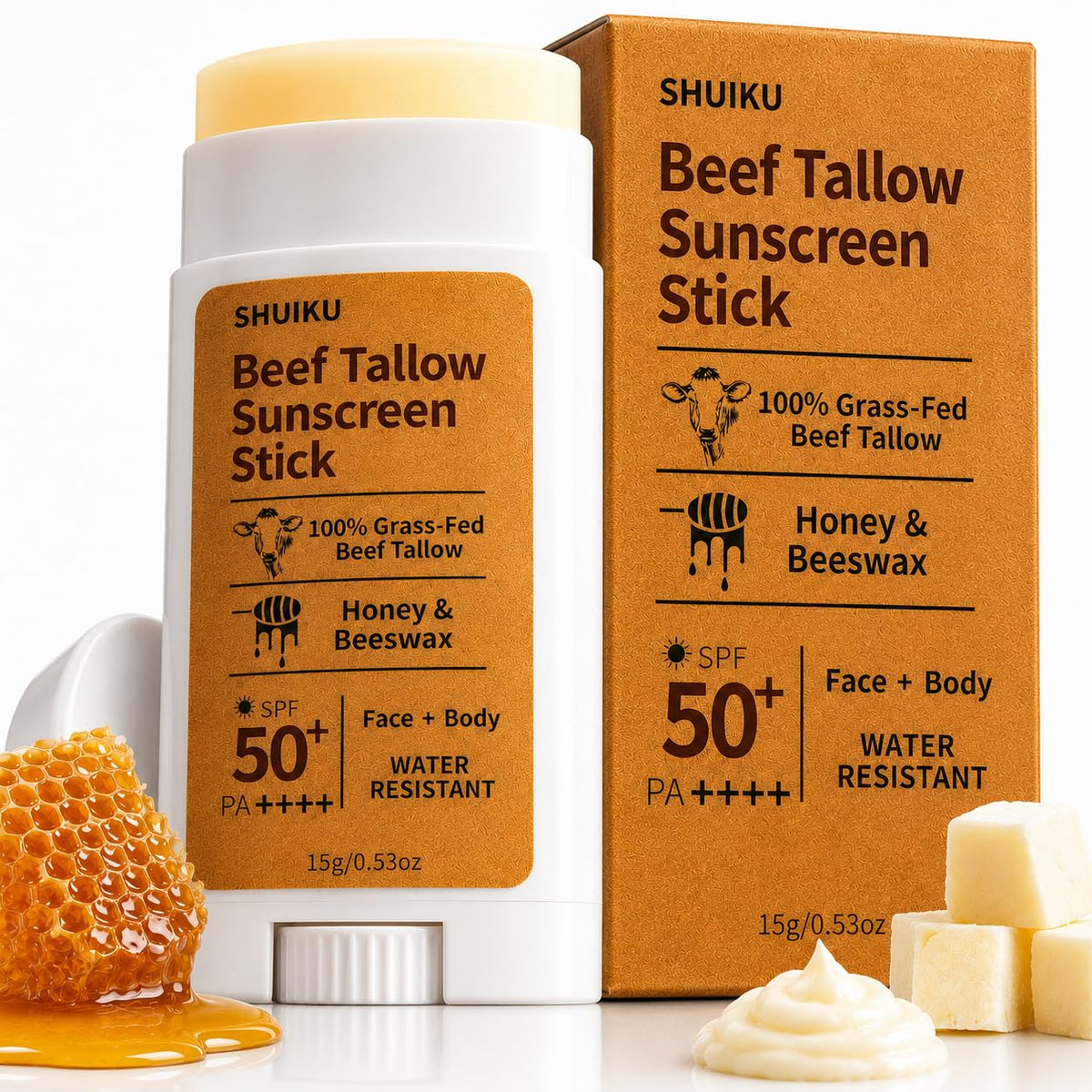 SHUIKU Barra De Protector Solar Orgánico De Sebo De Res Fps 50 – Protector Solar Mineral A Base De Sebo Con Miel Y Cera De Abejas Para Rostro Y Cuerpo, Bloqueador Solar Natural Resistente Al Agua, 15