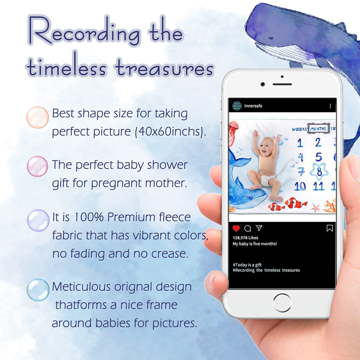 InnerSafe - Manta de hitos para bebé, diseño original, manta mensual de hitos para bebé, para niño y niña, manta de accesorios para fotografía de bebé, 152 x 102 cm, Mundo Oceánico