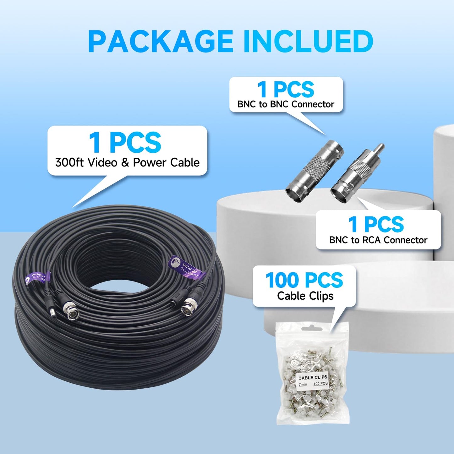 ANLINK 300 pies (91 metros) 4K 8MP 5MP 2MP 1080P Cable de vídeo y alimentación BNC, cable Mini RG59 para sistemas de cámara de seguridad CCTV, con conector BNC, adaptador RCA, clips de cable