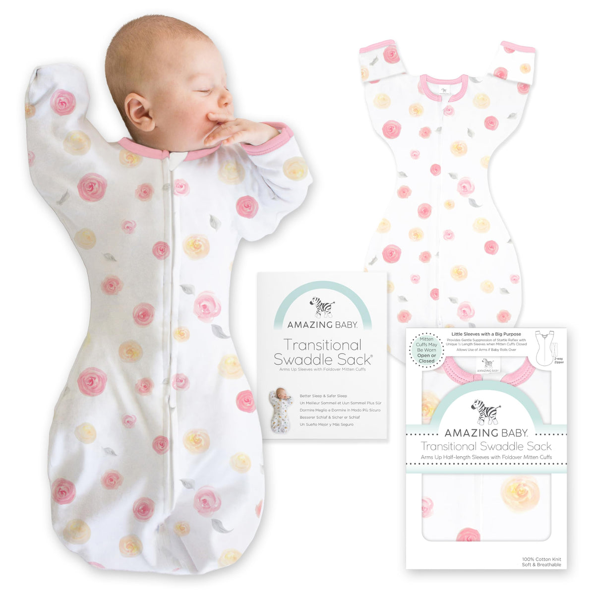 Increíble saco de transición para bebé, mangas de media longitud y puños de manopla para la transición del recién nacido al saco de dormir del bebé, manta portátil, Lrg, 6-9 meses, 20-22 libras, rosas