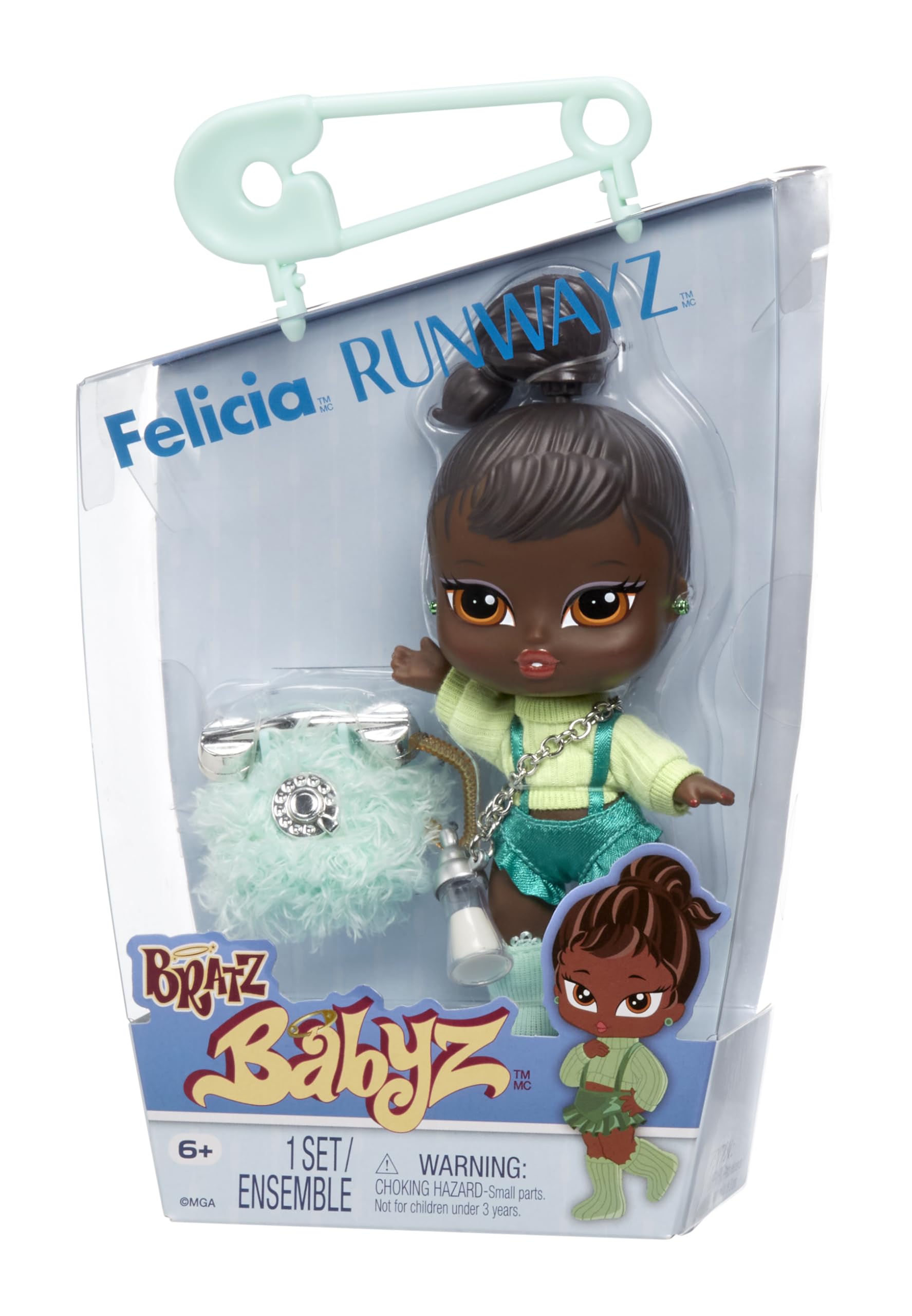 Bratz Muñeca Babyz Runwayz - Felicia - Coleccionable con Accesorios - Incluye un Collar Que Funciona como Llavero - Regalo Ideal para Niñas