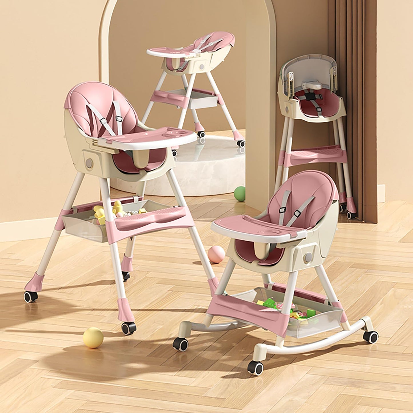 SLNXA Silla Alta para Bebé Multifuncional Silla de Comedor, Sillón y Mecedora en Uno con Ruedas Universales, Plato Llano Doble Extraíble, Cesta de Almacenamiento y Cojín de PU, Ajustable Plegable (Rosa)