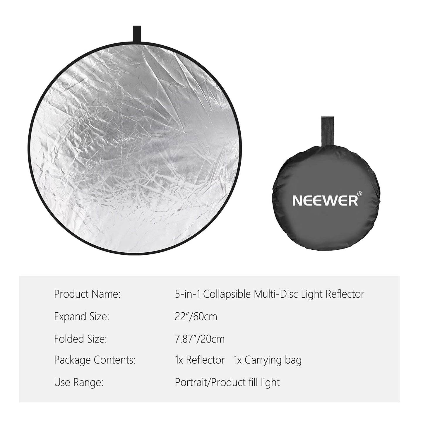 NEEWER 22 pulgadas/60cm Kit de 5 en 1 Reflector de Luz Redondo Plegable Transparente Multi-Disco con Funda de Transporte - Translúcido, Plateado, Dorado, Blanco y Negro para Fotografía de Estudio