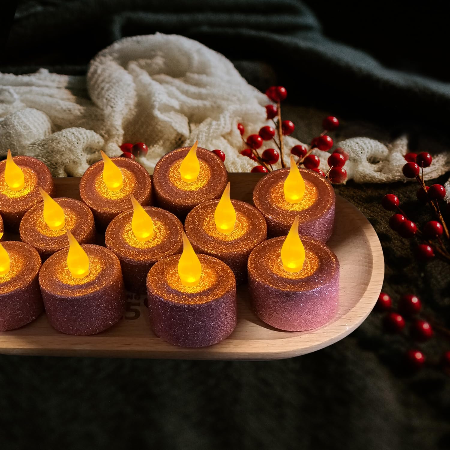 FURORA LIGHTING - Velas LED con purpurina rosa, paquete de 12, velas parpadeantes sin llama para decoración del hogar, 1.5 pulgadas de ancho x 1.65 pulgadas de alto, funciona con pilas