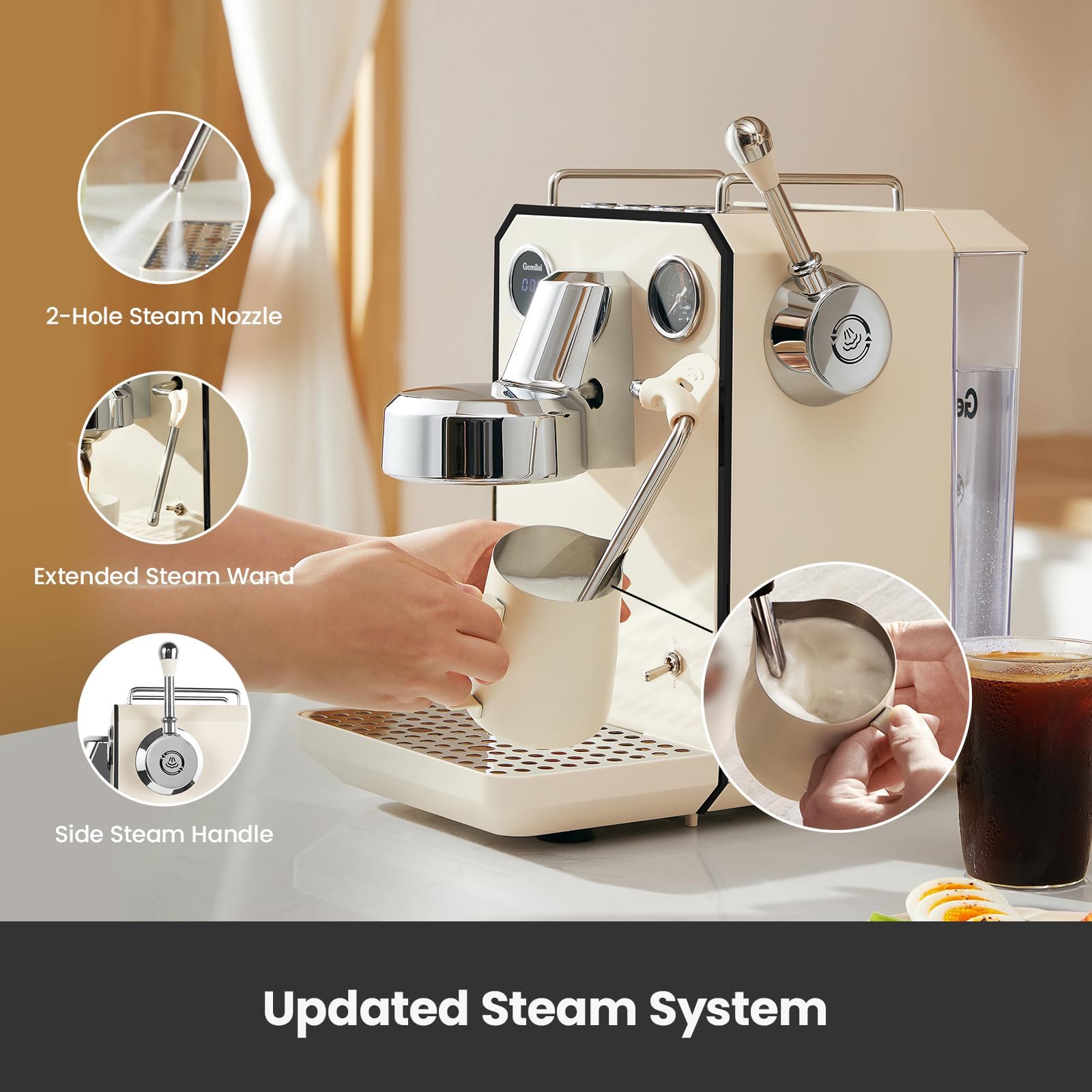 Máquina de café espresso Owl, máquina de café espresso semiautomática profesional de 15 barras con espuma de leche, tanque de agua extraíble de 64 onzas, doble visualización, para capuchino, latte en