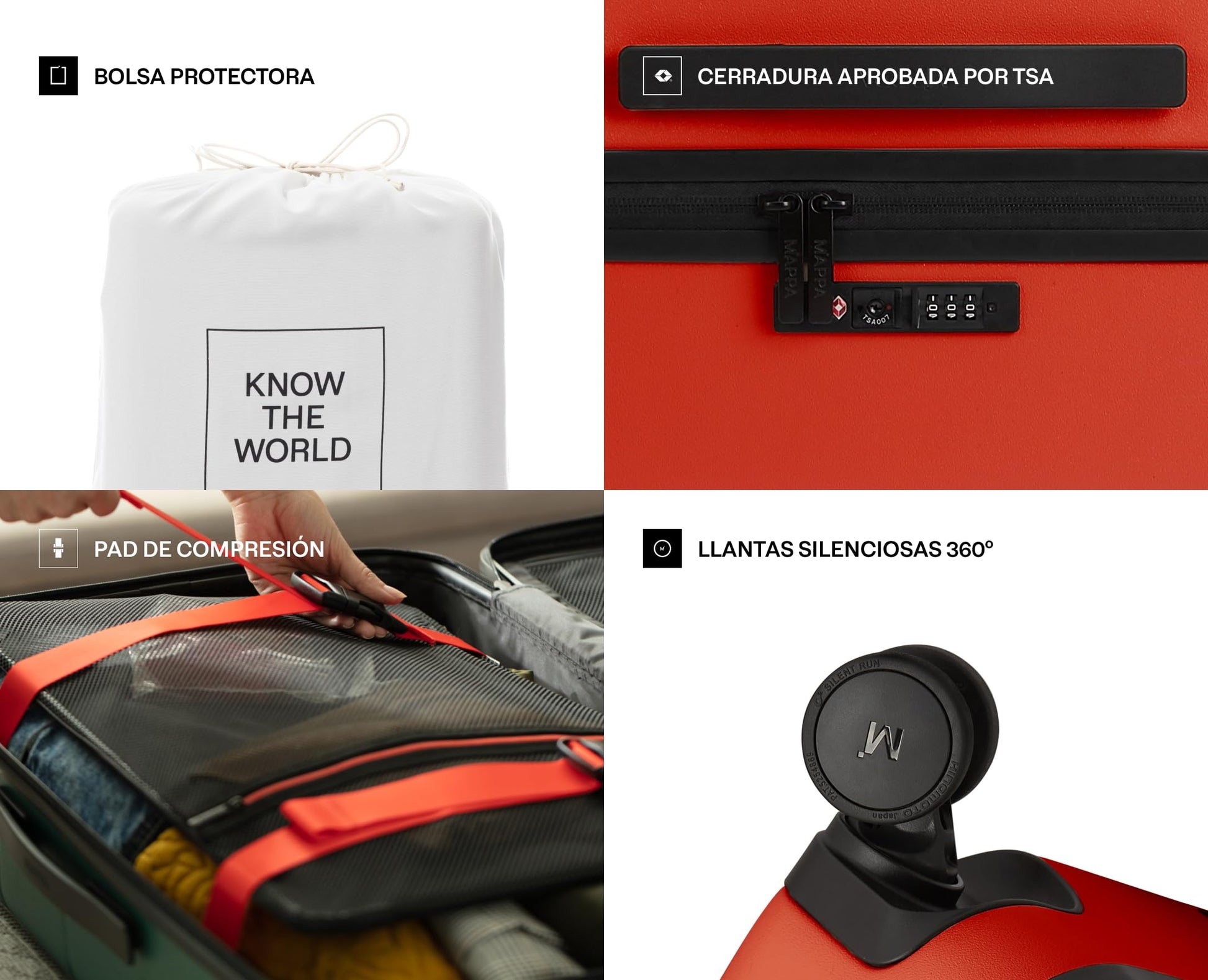 Mappa Original - Maleta de Viaje Rígida Garantía 10 Años 100% Makrolon Alemán, Ruedas Giratorias 360 de Tecnología Hinomoto, Candado TSA, Pad de Compresión, Maleta de 24 pulgadas, Color Rojo