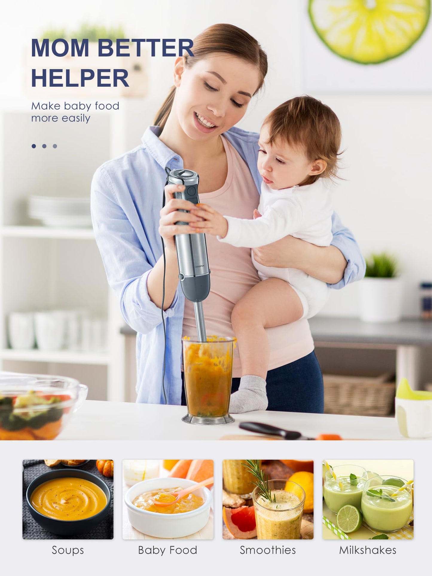 Licuadora de inmersión manual 5 en 1 – Licuadora de mano de 1000 W con motor de cobre, hoja de acero inoxidable, vaso de mezcla, procesador de alimentos, batidor, espumador de leche para batidos, puré