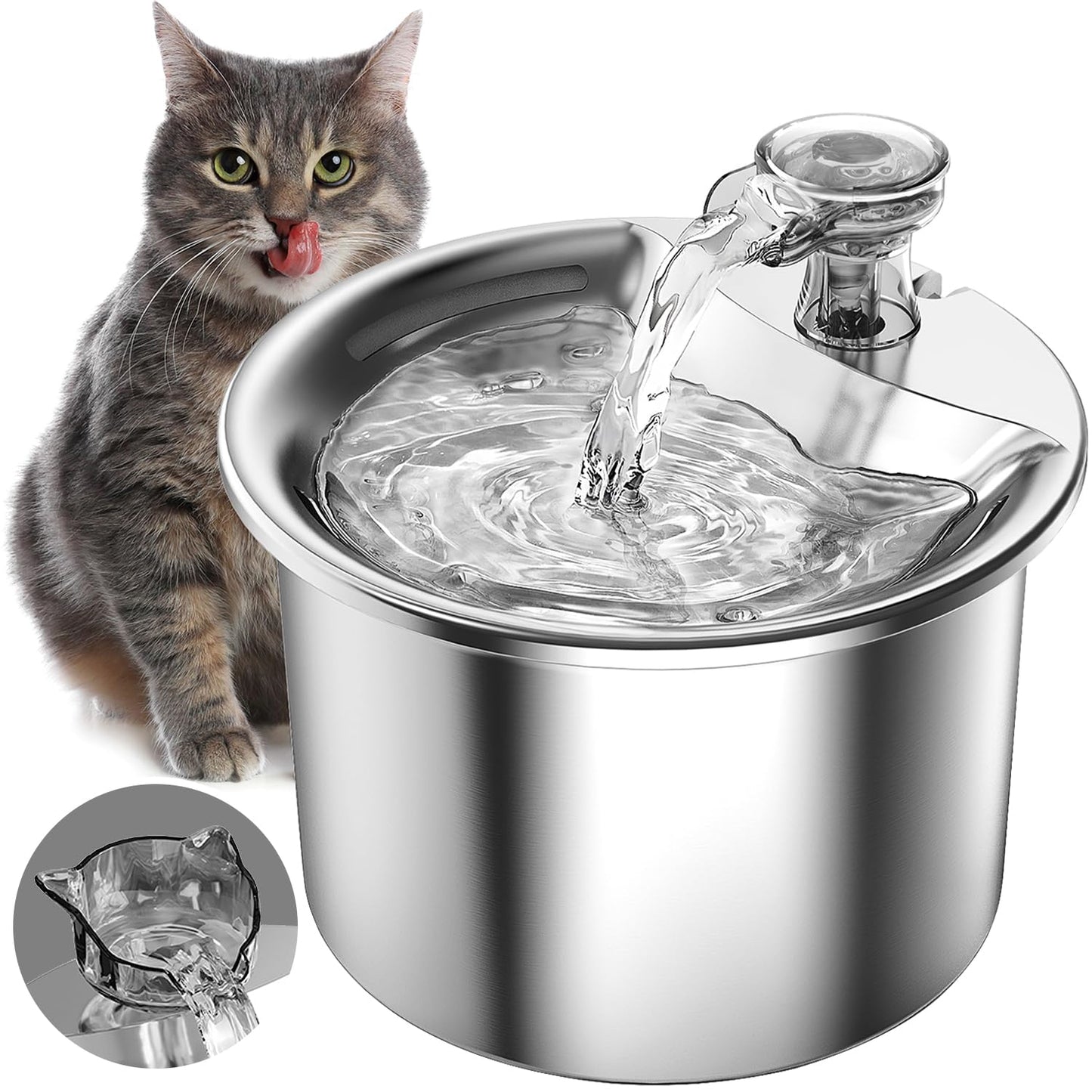 GAMAXIMA Fuente de Agua para Gato, 304 Acero Inoxidable Bebedero para Gato Perro, 68oz/2 L Fuente para Gato, Bebedero con Doble Grifo y Bomba Silenciosa para Gatos, Perros y Varias Mascotas