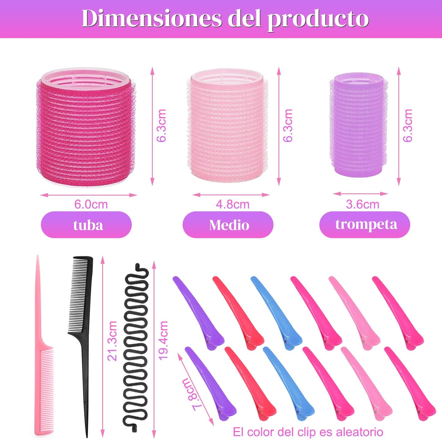 Tubos para Rizar Cabello, 33PCS Rizador de pelo sin calor, tubo de plástico rizador, autodisparador para pelo largo, medio y corto, 3 tamaños. (Rosa03)