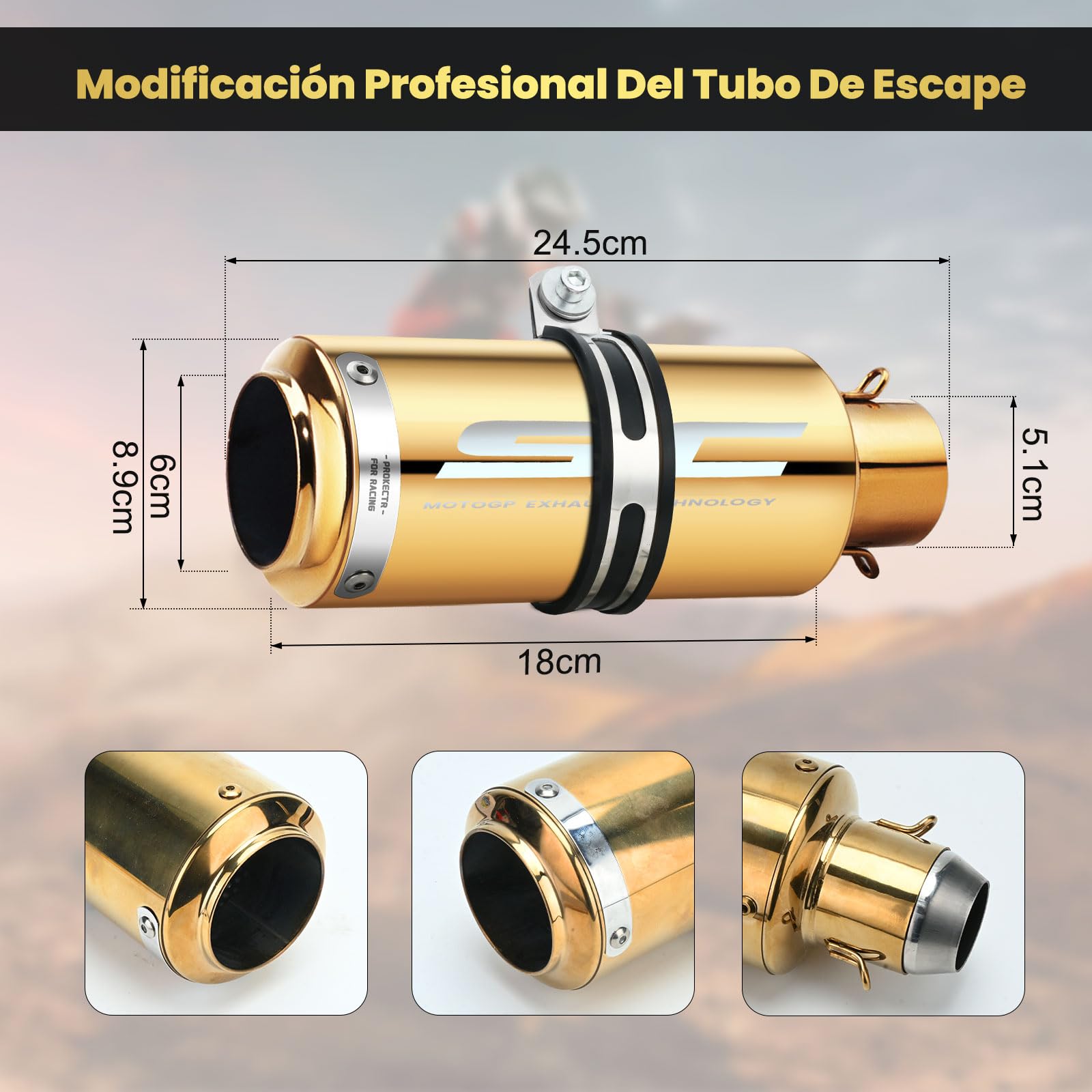 Kayoosi Escape de Moto Gold, Tubos de Silenciador de Escape Universal de 51mm, Tubo de Escape de Acero Inoxidable para Motos, Street Bikes, Dirt Bikes, Atvs Y Más, Scooters (Dorado)