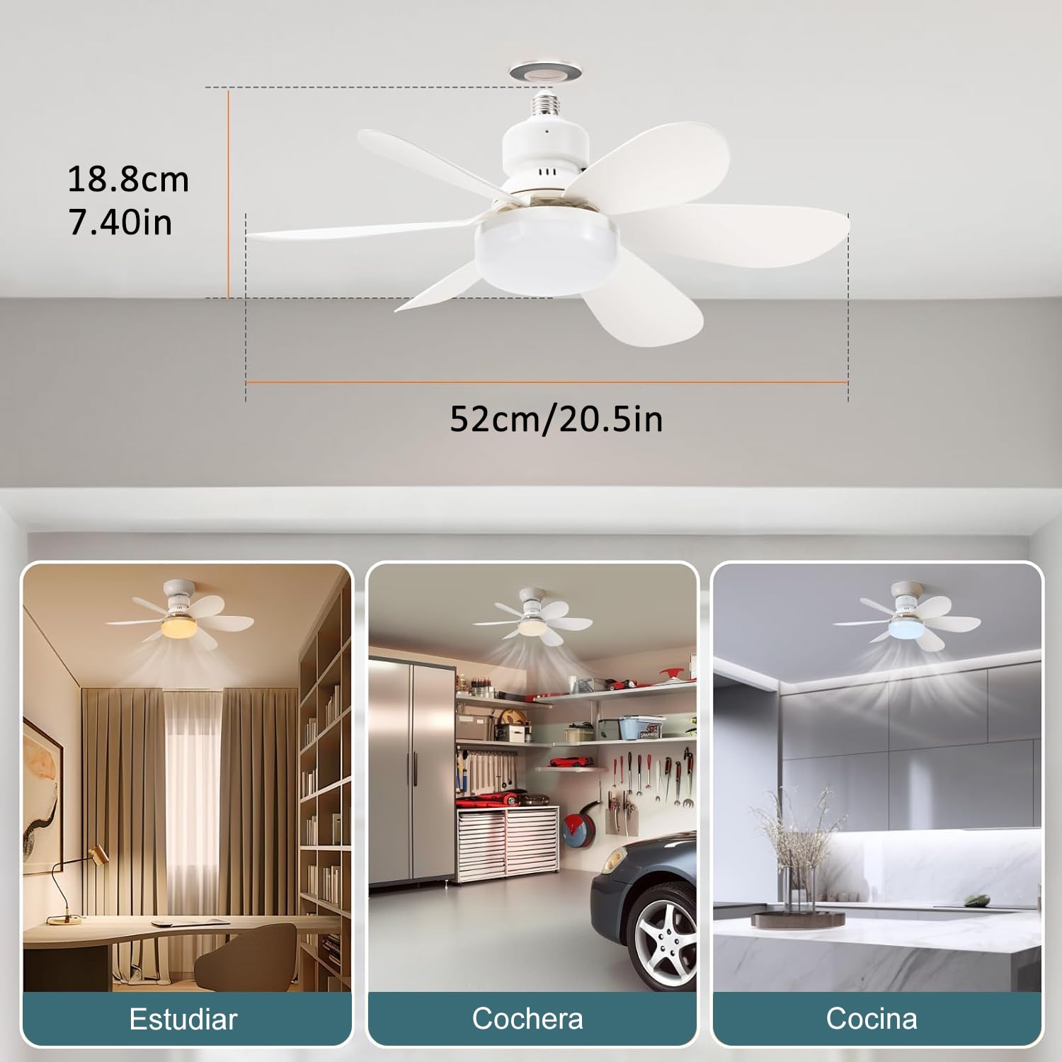 Ventilador de techo con luz y control remoto, 40W E26/E27 ventilador con luz led de techo, ventilux de techo moderno inteligente, 3000K-6500K/luminosidad regulable y 3 velocidades (20,5 pulgadas)