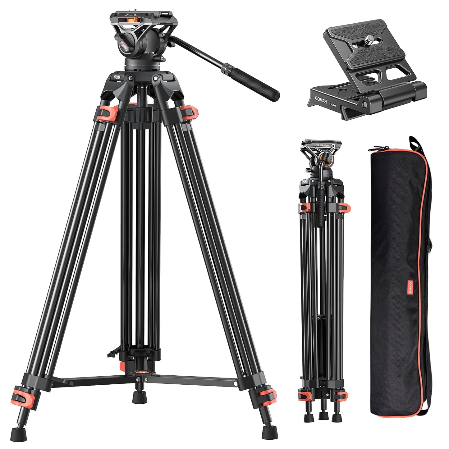 Trípode Profesional de Aluminio 72 Pulgadas con Cabezal de Líquido 360 Grados para Cámaras DSLR Canon Nikon