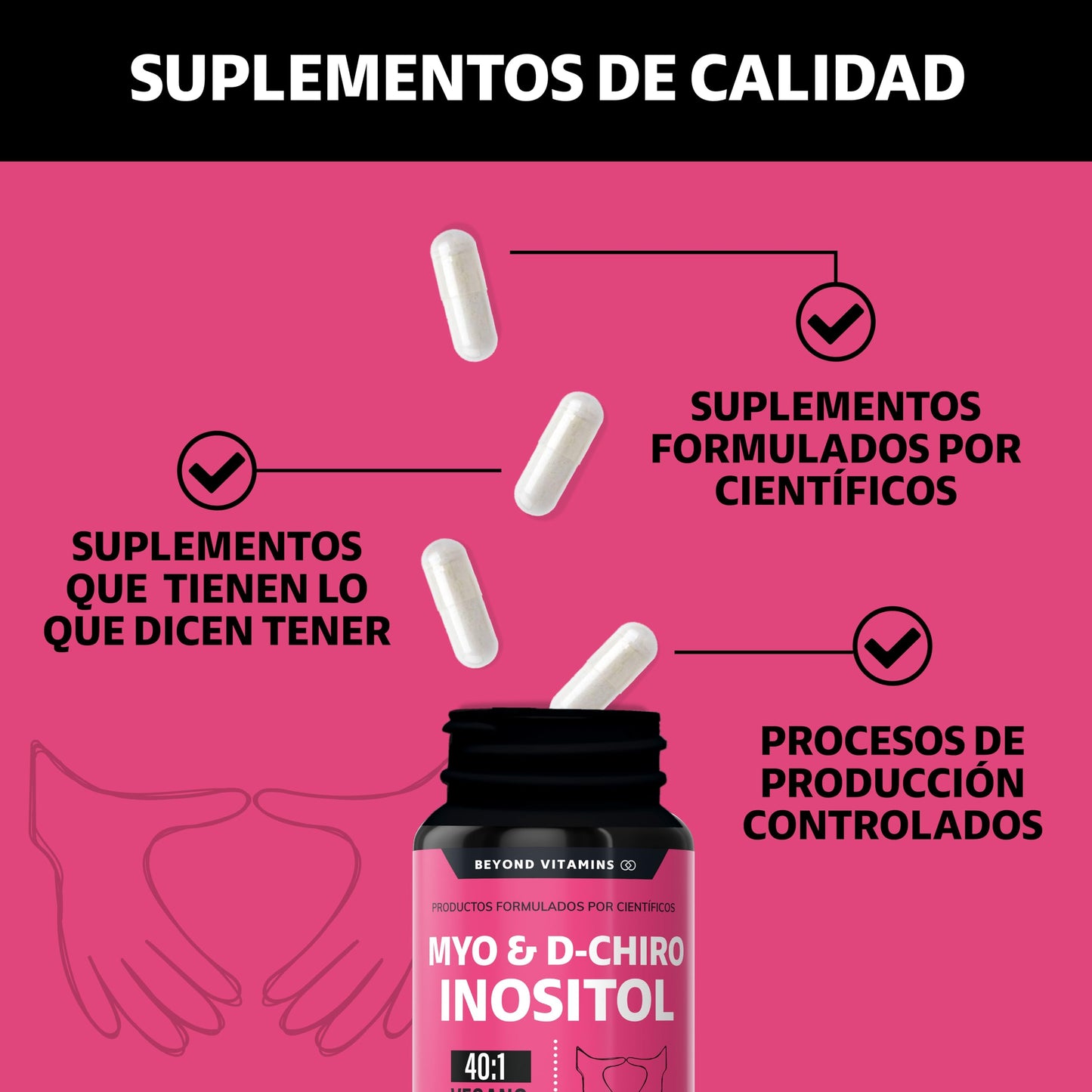 Inositol 40:1 | Myo y D-Chiro Inositol Puro | 180 cápsulas | Vitaminas para mujer | Suplemento Alimenticio Beyond Vitamins | Vegano | 180 caps