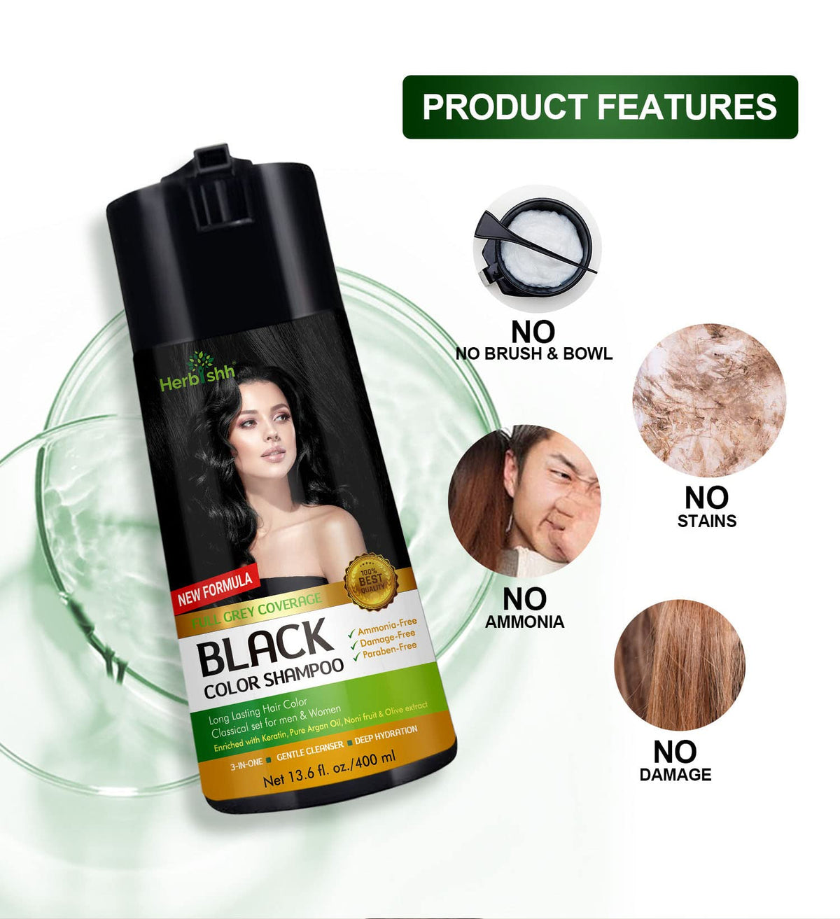 Champú de Color Herbishh Negro Larga Duración Cobertura Completa de Canas