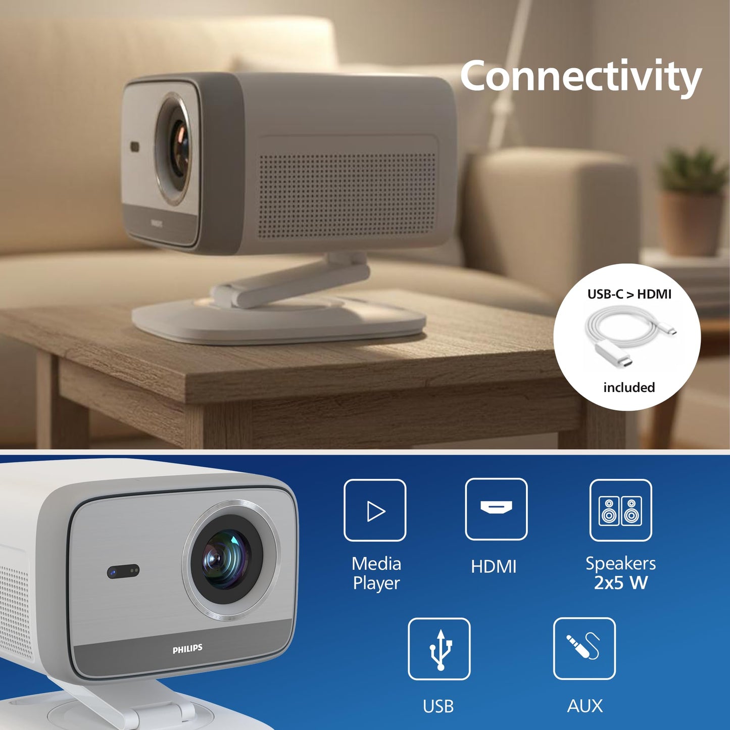 Philips Neopix 444, Proyector 4K, Resolución Nativa 1080p, 500 lúmenes ANSI, sonido estéreo de 10 vatios, enfoque automático, autokeystone, cable HDMI a USB-C incluido, blanco.
