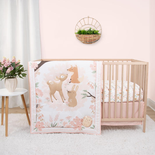 El juego de ropa de cama para cuna de 3 piezas The Peanutshell para niñas - Decoración de cama de recién nacida, bebé y niña con sábana ajustable para cuna, edredón con volante antipolvo - Bosque de