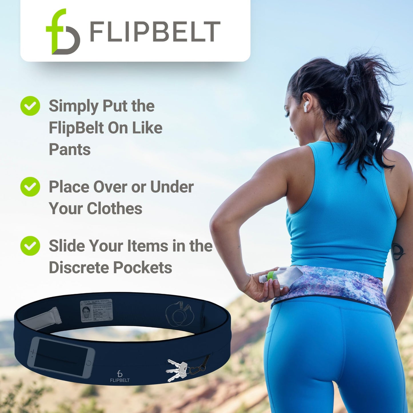 Cinturón FlipBelt clásico azul marino empresa estadounidense para correr para Mujer y Hombre