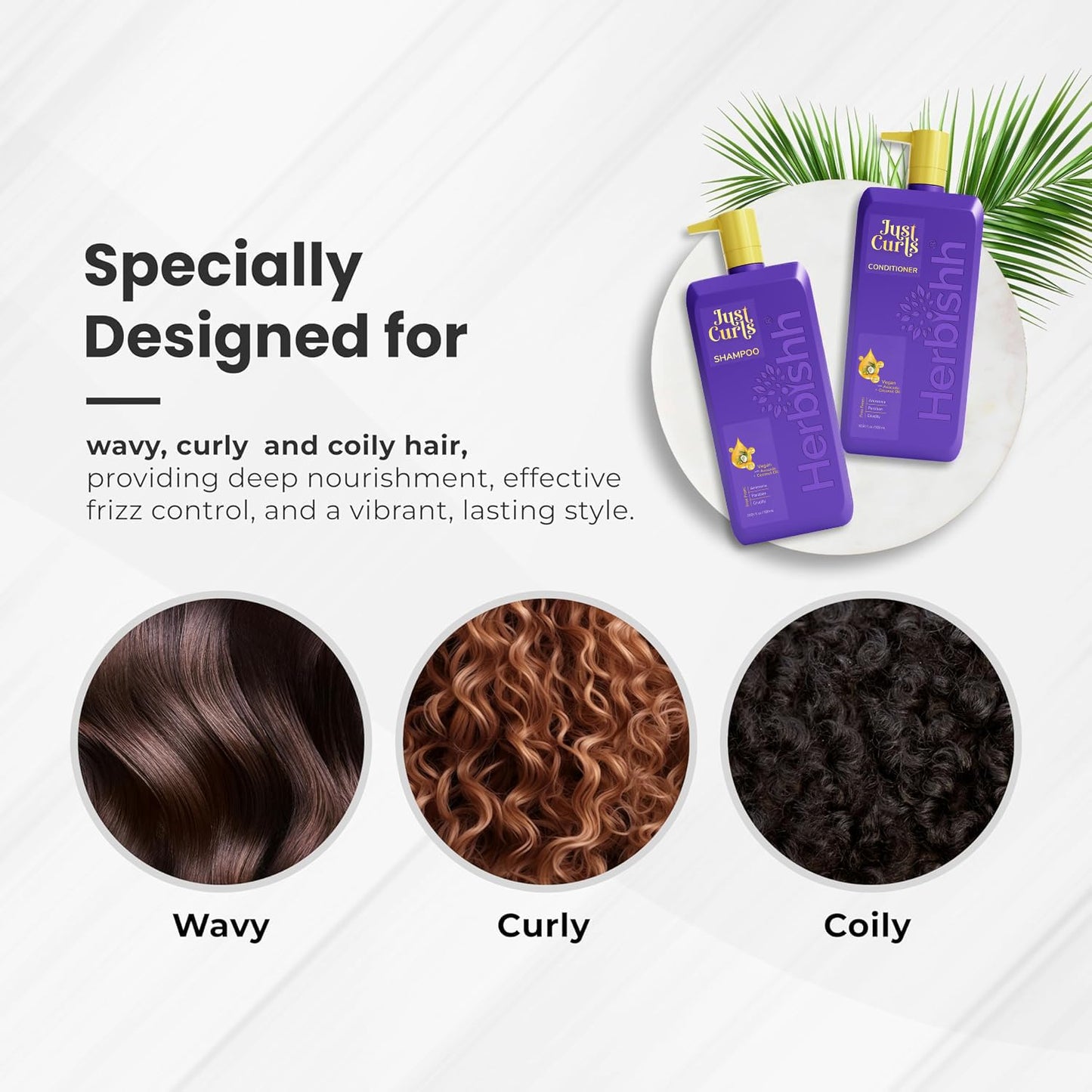 Set Shampoo y Acondicionador Herbishh Just Curls con Aceite de Coco y Aguacate – Fórmula Vegana sin Sulfatos | Nutrición, Hidratación y Definición para Cabello Rizado y Ondulado