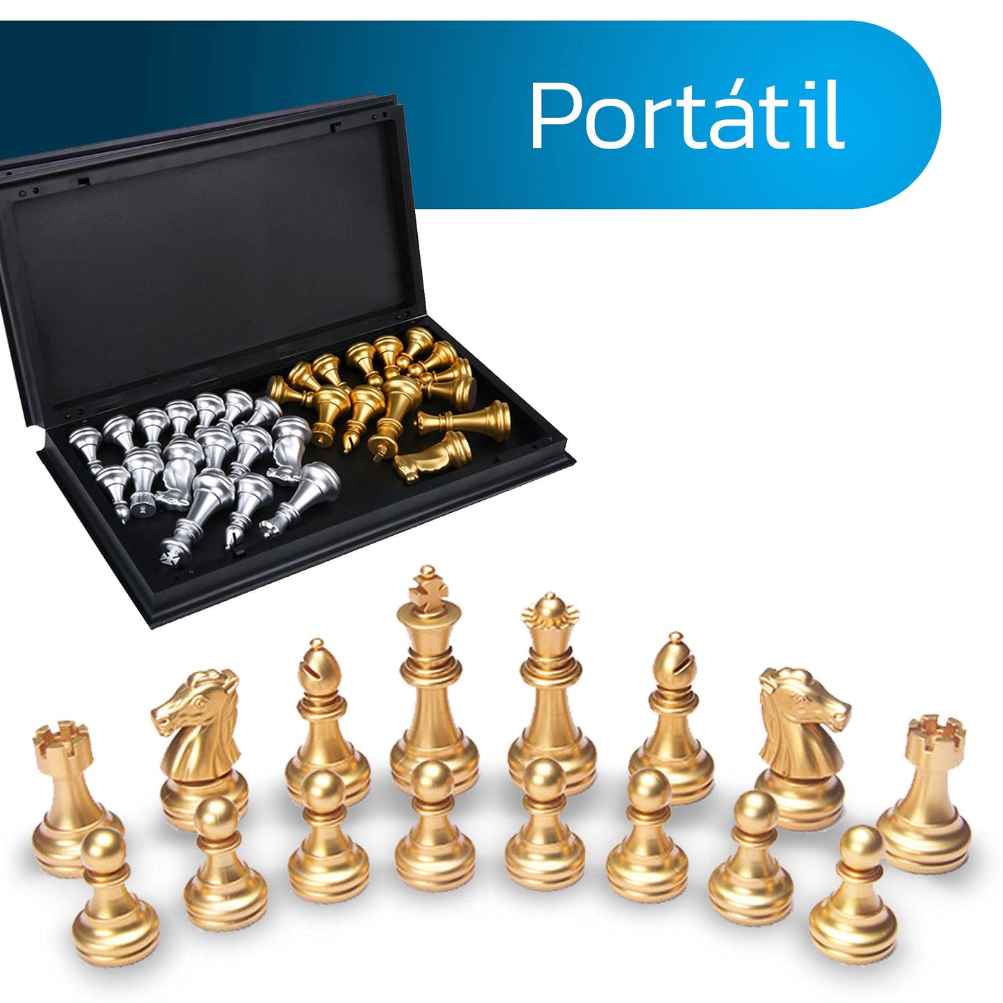 Bluelander Ajedrez Profesional, Magnético, Tablero Plegable, Diseño Clásico de Lujo, Portátil 25cm x 25cm Abierto (25cm x 12.5cm Cerrado), Juego de Mesa Portátil y Educativo (Dorado y Plateado)