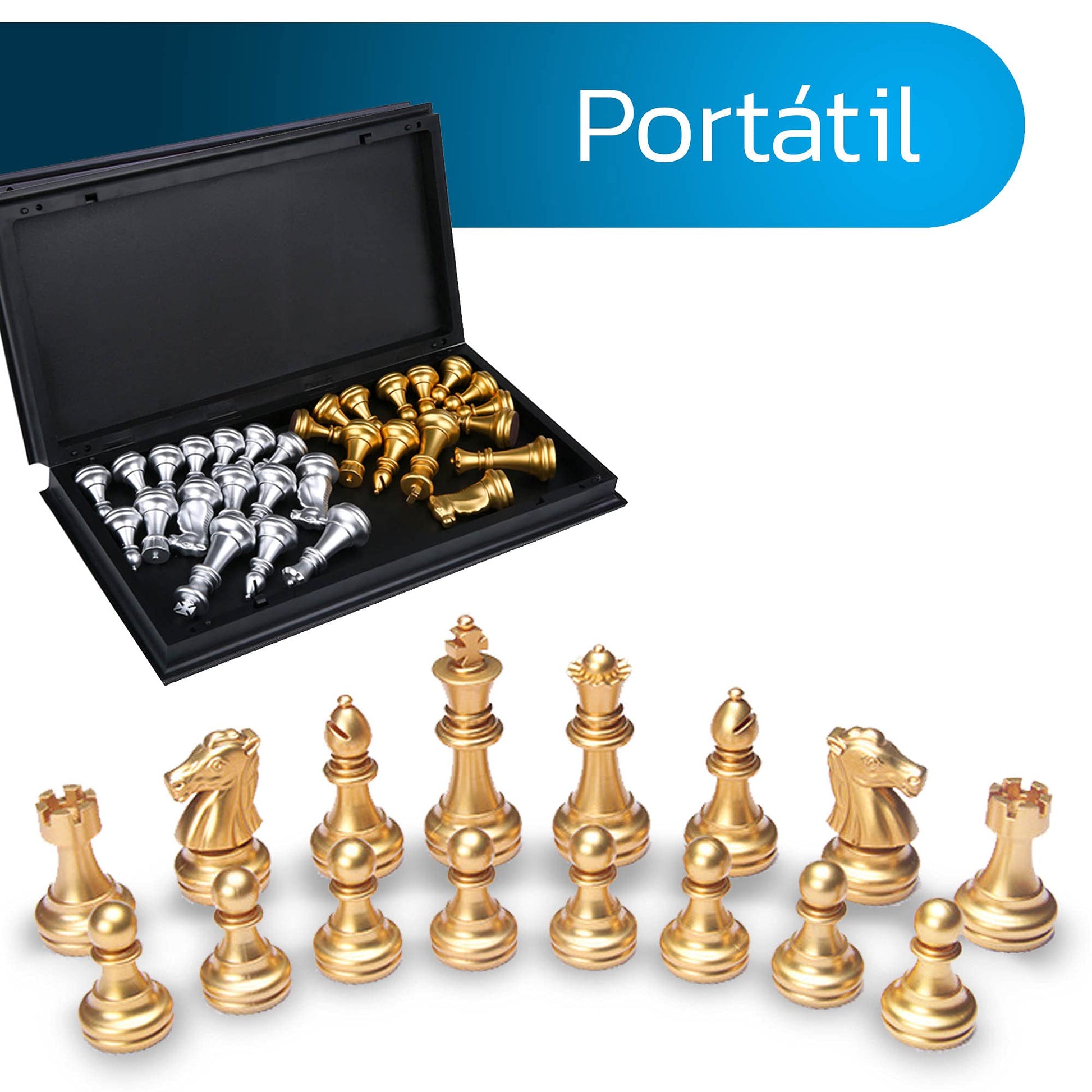 Bluelander Ajedrez Profesional, Magnético, Tablero Plegable, Diseño Clásico de Lujo, Portátil 25cm x 25cm Abierto (25cm x 12.5cm Cerrado), Juego de Mesa Portátil y Educativo (Dorado y Plateado)