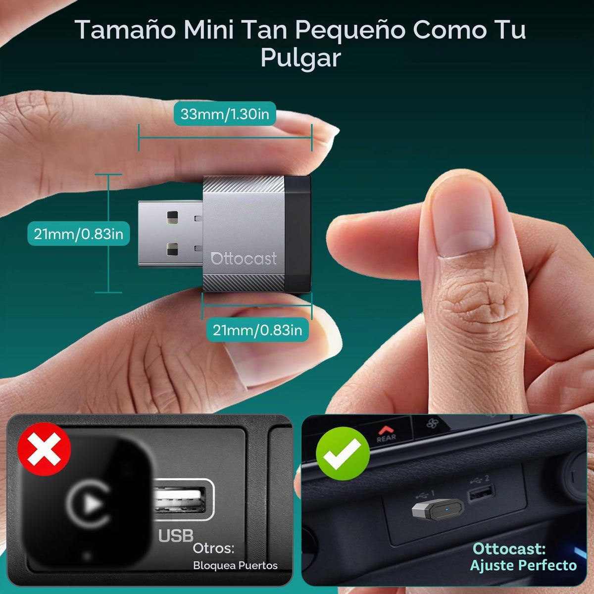 Adaptador Automático Inalámbrico Ottocast Mini Nova 2 en 1 con Reconexión Rápida y Diseño Compacto para Iphone Ios 10+