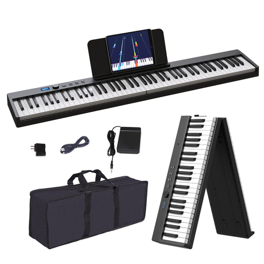 KONIX Teclado de piano plegable, 88 teclas de tamaño completo, teclado de piano plegable semipesado, teclado electrónico portátil Bluetooth con soporte de partitura, pedal sostenible y bolsa de piano,