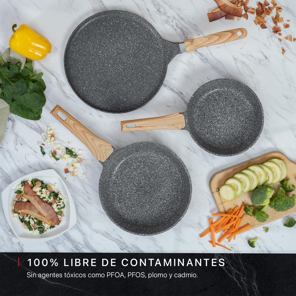 Cookify Set de 3 piezas (Sarten 20 y 24 cm y Crepera 28 cm) Antiadherente de Mármol (Gris)