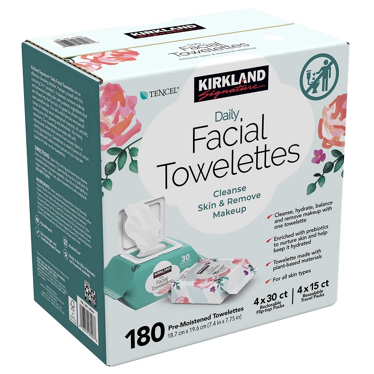 Kirkland Toallas faciales diarias, 180 CT, 180 toallas prehidratadas, hipoalergénicas, sin alcohol, 4 paquetes de viaje resellables de 30 quilates