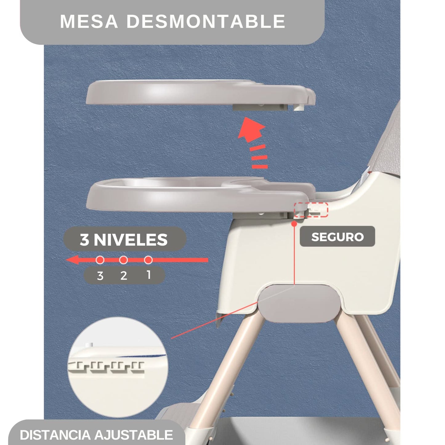 Komfort Silla Alta Periquera Para Bebe Desmontable Con Bandeja Para Comer (Gris)