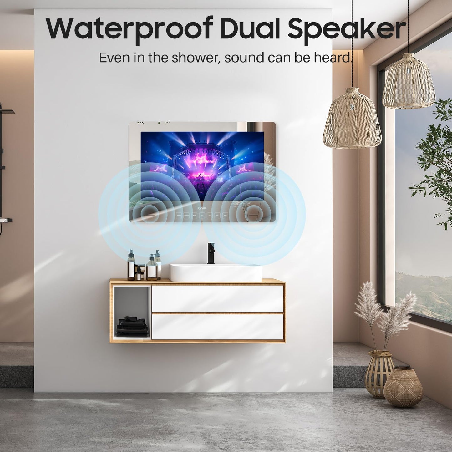 TV de Baño SYLVOX Espejo de 32 Pulgadas con Google OS y Tuner IP66 Impermeable para Baño