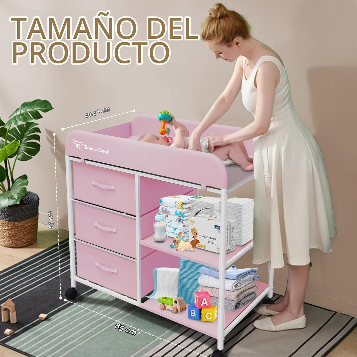 Mesa cambiadora para bebé, mesa cambiadora portátil, estación cambiadora de pañales con almohadilla impermeable, cómoda cambiadora con 3 cestas de almacenamiento, organizador móvil de guardería para