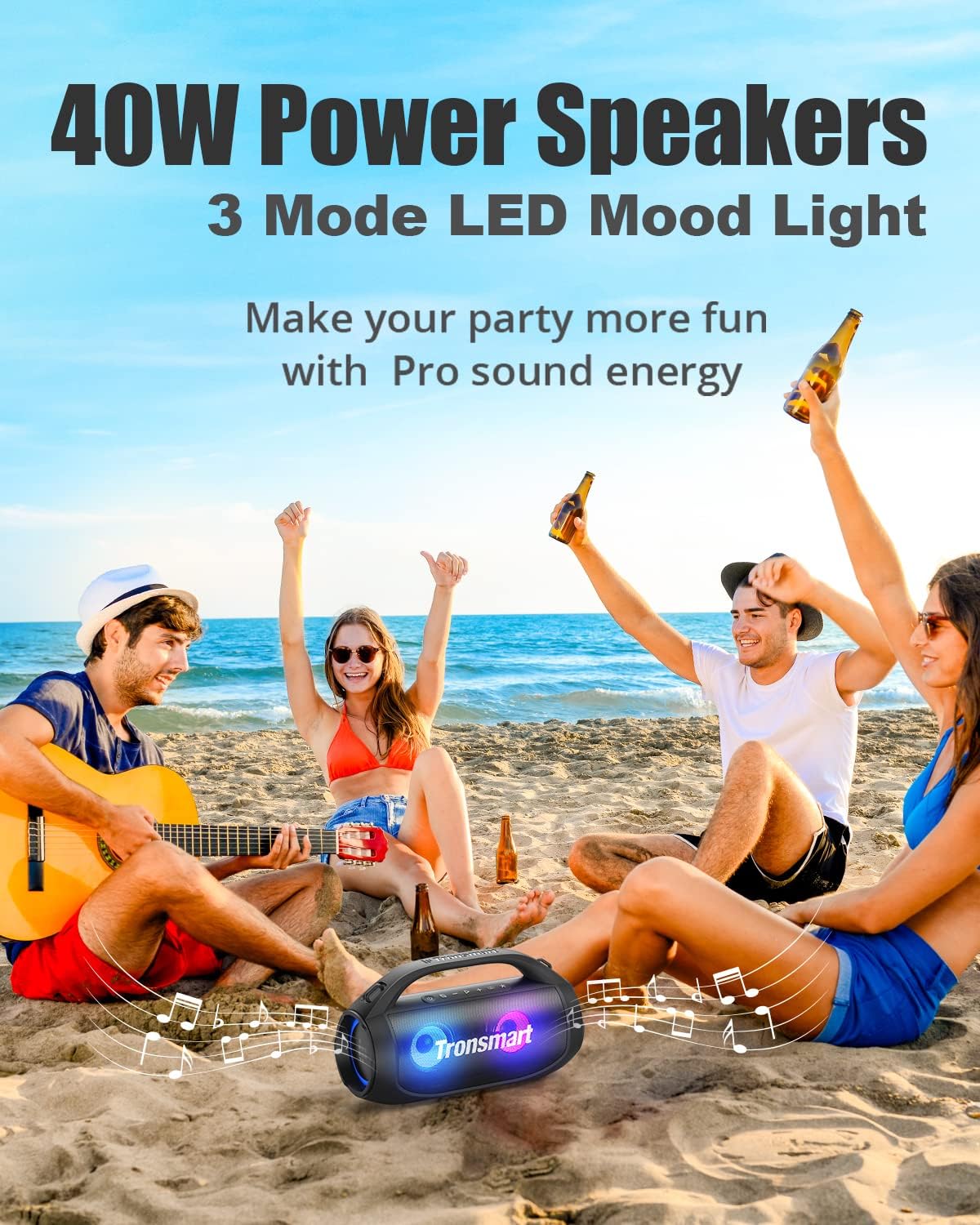 Tronsmart Bang SE Bocina Bluetooth 5.3 40W para Fiestas Luz RGB, IPX6, SoundPulse, Sonido Envolvente Correa para Transportar