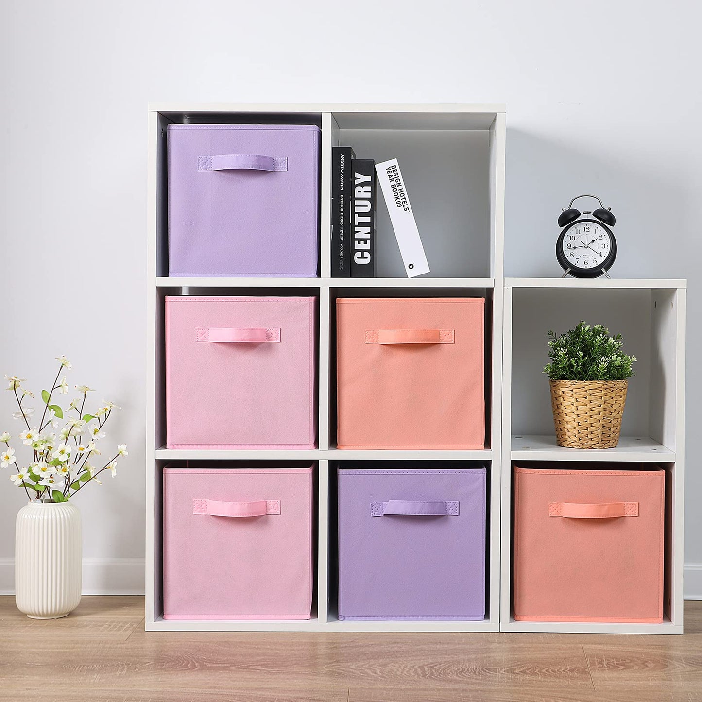 Cubos de tela para almacenamiento, paquete de 6, de 13 x 13 x 13 pulgadas, de colores divertidos y duraderos, con asas, cestas plegables para el hogar,morado, rosa, peachpuff
