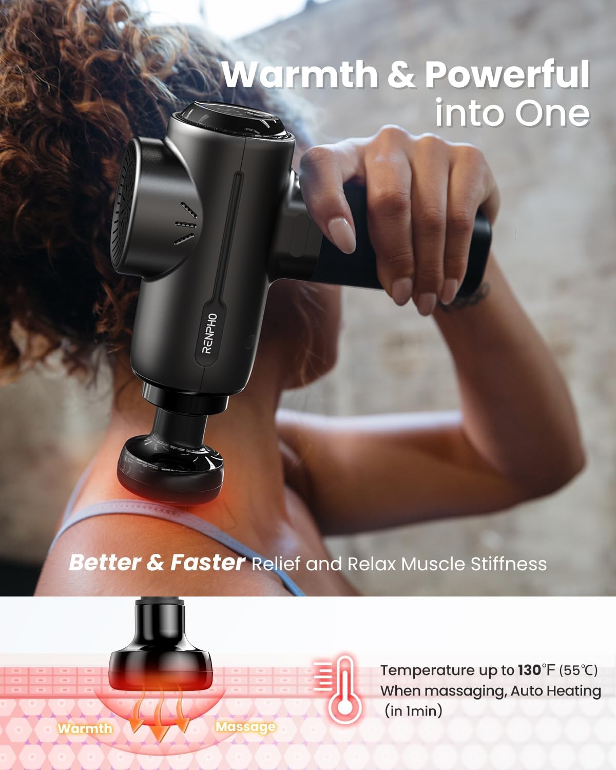 RENPHO Pistola de masaje activo con calor, pistola de masaje muscular de percusión para atletas, masajeador de tejido profundo de mano con 3200 rpm, 5 cabezales de masaje, 5 velocidades