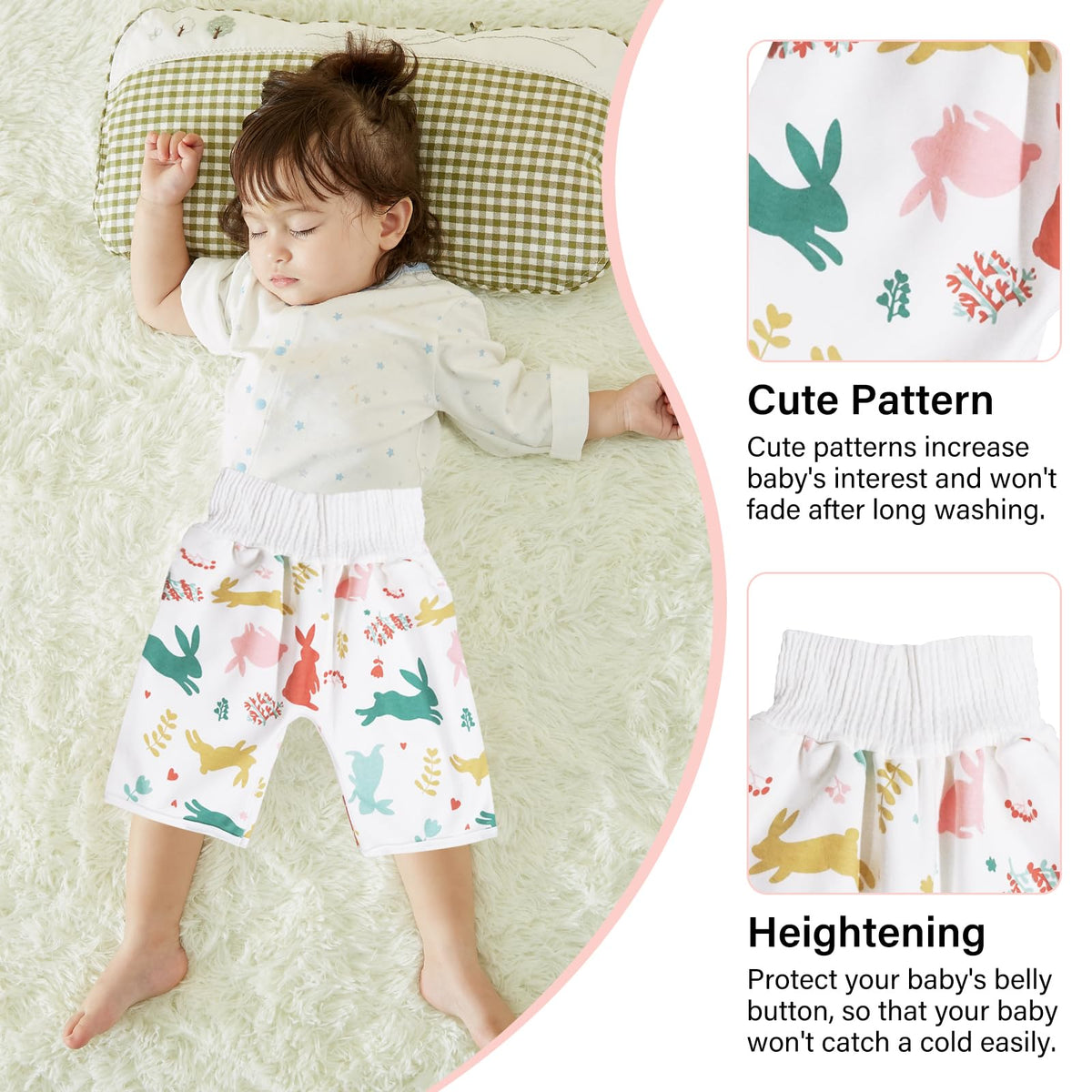 Pantalones de pañales impermeables para bebés y niños, paquete de 2 pantalones absorbentes para entrenamiento para niños y niñas, uso de día y noche (conejo L)